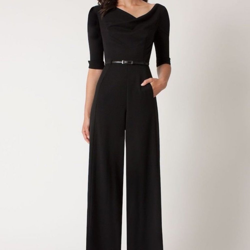 Sz 4 Black Halo Jackie O 3/4 Sleeve Jacky Romper Dress Jumpsuit Belted Black